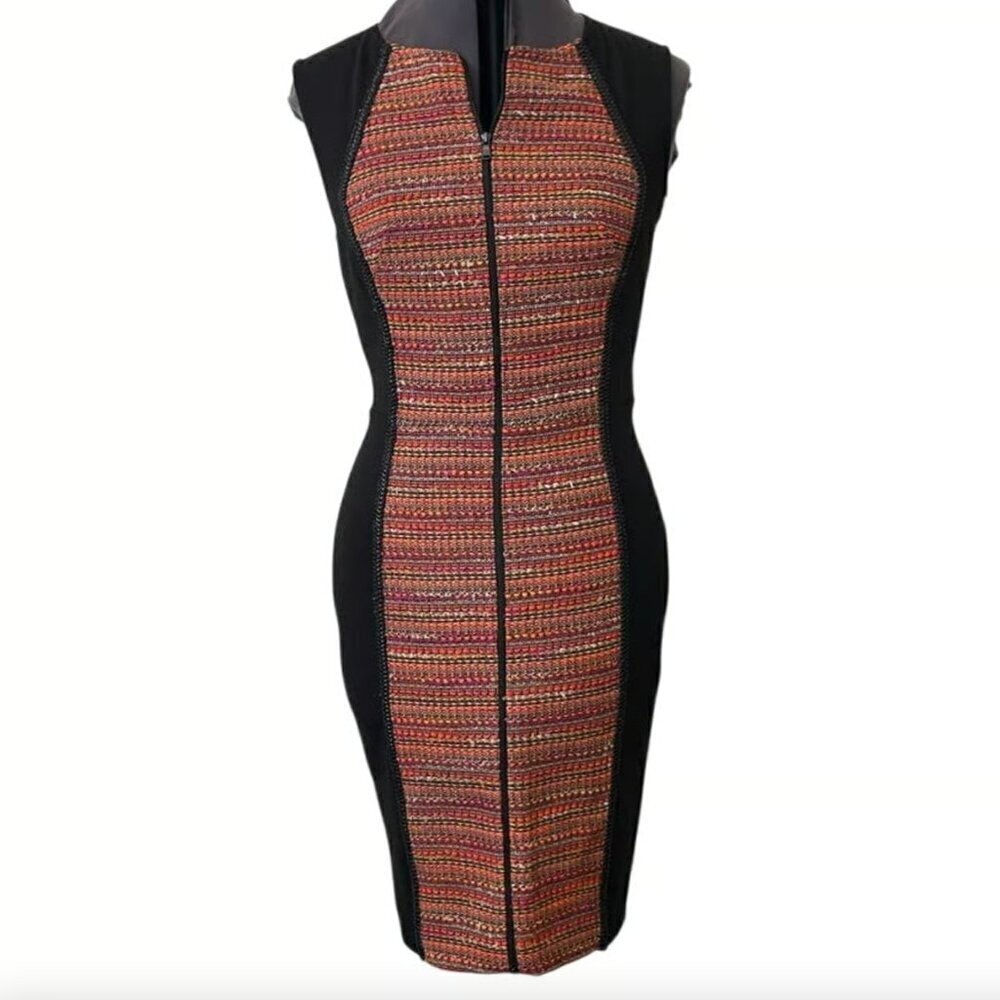 Rachel Roy Orange Tweed Panel Wool Blend Sleeveless Zip Sheath Dress • Size 8